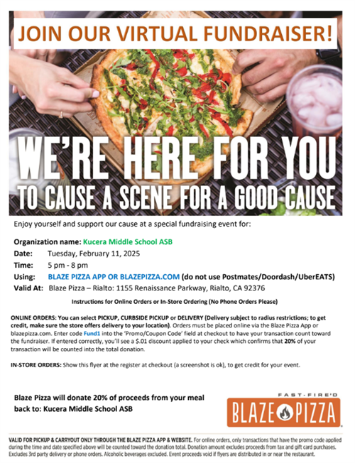 Blaze Pizza Fundraiser for Kucera Middle School ASB